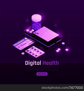 Telemedicine digital health glow isometric square background with read more button editable text and medicine images vector illustration