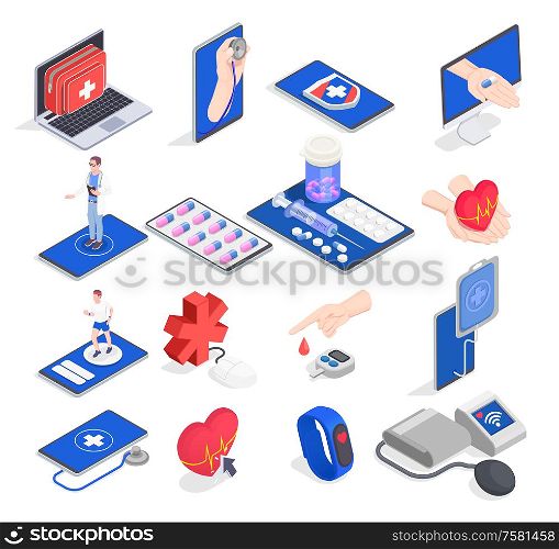 Telemedicine digital health isometric collection of isolated icons and pictograms with pills human hands and computers vector illustration