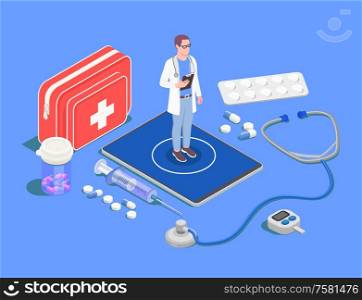 Telemedicine digital health isometric composition with medication images of pills and drugs with character of doctor vector illustration