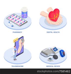 Telemedicine digital health isometric compositions set with four platforms various healthcare objects and editable text captions vector illustration