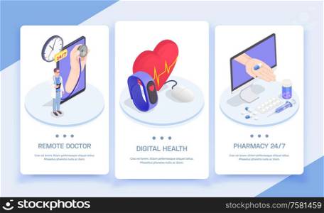 Telemedicine digital health isometric vertical banners set with conceptual images of people electronics and editable text vector illustration