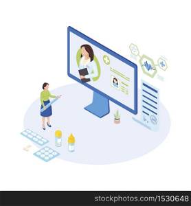 Telemedicine expert at work isometric illustration. Cartoon physician, general practitioner prescribing pills, medication online. User, client account on screen. Ill patient holding thermometer