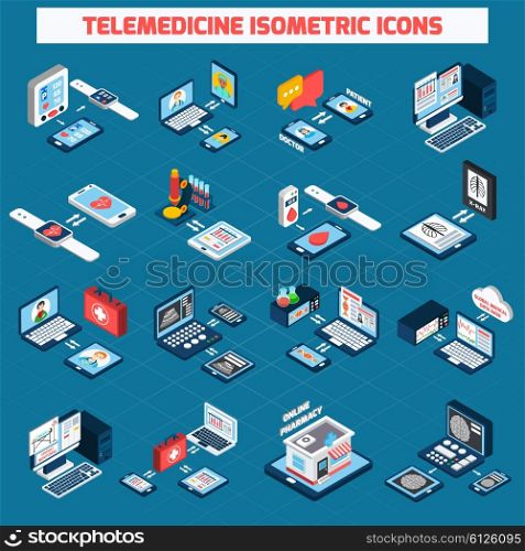 Telemedicine isometric icons set. Telemedicine isometric icons set with 3d digital health devices isolated vector illustration