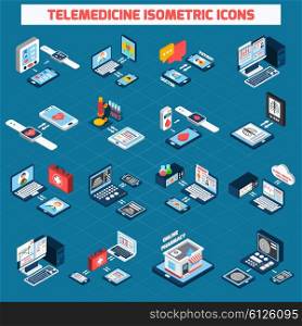 Telemedicine isometric icons set. Telemedicine isometric icons set with 3d digital health devices isolated vector illustration