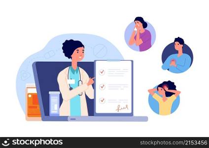 Telemedicine. Online consultation, web medical professional and insurance. People with pain call to doctor vector concept. Doctor online, web medicine consultation on laptop. Telemedicine. Online consultation, web medical professional and insurance. People with pain call to doctor vector concept