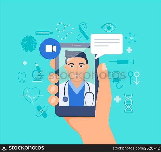 Telemedicine, online doctor, consultation with a doc via online using a smartphone app to professional medical opinion. Medical and healthcare service online for Patients. Vector illustration.. Telemedicine,online consultation with doc.