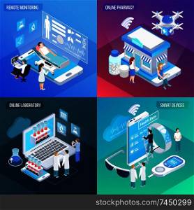 Telemedicine remote health service 4 isometric colorful compositions square with online laboratory mobile smart devices vector illustration