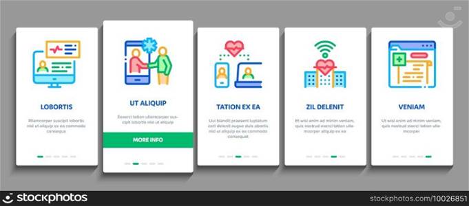 Telemedicine Treatment Onboarding Mobile App Page Screen Vector. Patient Online Medical Exam And Telemedicine, Internet Video Call With Doctor And Diagnostic Illustrations. Telemedicine Treatment Onboarding Elements Icons Set Vector