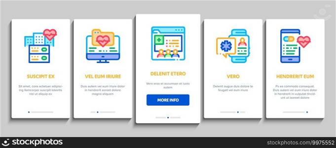 Telemedicine Treatment Onboarding Mobile App Page Screen Vector. Patient Online Medical Exam And Telemedicine, Internet Video Call With Doctor And Diagnostic Illustrations. Telemedicine Treatment Onboarding Elements Icons Set Vector