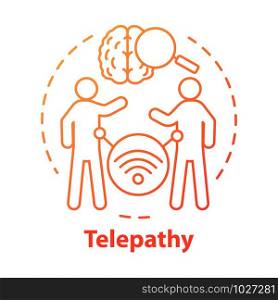 Telepathy concept icon. Mind reading, thought transference idea thin line illustration. Supernatural psychic powers. Brain with magnifying glass and people vector isolated outline drawing