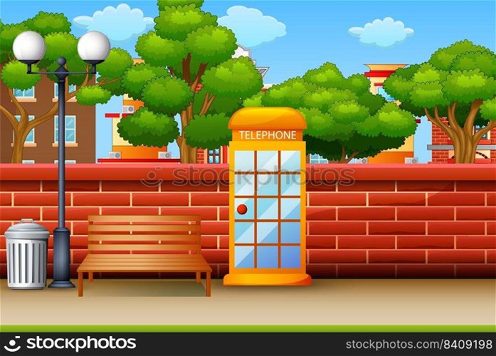 Telephone box in the city park background 