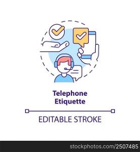 Telephone etiquette concept icon. Call center. Customer support. Business etiquette abstract idea thin line illustration. Isolated outline drawing. Editable stroke. Arial, Myriad Pro-Bold fonts used. Telephone etiquette concept icon