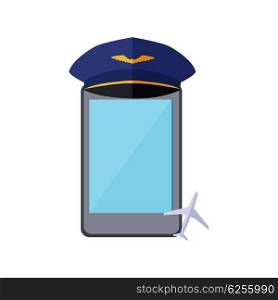 Telephone in the Pilot Cap Isolated. Telephone in the pilot cap isolated on white background. Aviator work profession occupation and technology telephone equipment with touch display wear captain cap flat style. Vector illustration