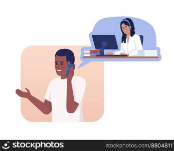 Telephone interview 2D vector isolated illustration. Customer talking about experience with operator flat characters on cartoon background. Colorful editable scene for mobile, website, presentation. Telephone interview 2D vector isolated illustration