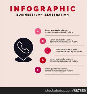 Telephone, Phone, Map, Location Solid Icon Infographics 5 Steps Presentation Background