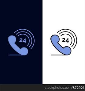 Telephone, Phone, Ringing, 24 Icons. Flat and Line Filled Icon Set Vector Blue Background