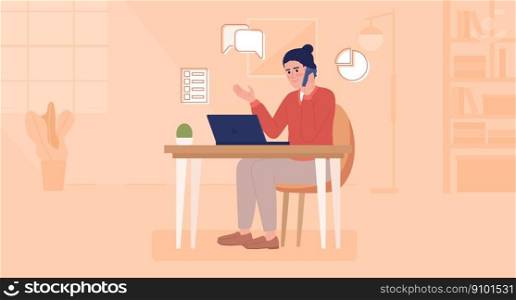 Telephone sales representative flat color vector illustration. Salesperson reaching potential customers with calls. Hero image. Fully editable 2D simple cartoon character with office on background. Telephone sales representative flat color vector illustration
