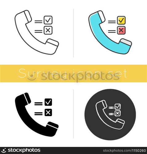 Telephone survey icon. Social research. Opinion poll. Consumer, customer satisfaction. Feedback. Evaluation. Data collection. Glyph design, linear, chalk and color styles. Isolated vector illustration