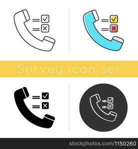 Telephone survey icon. Social research. Opinion poll. Consumer, customer satisfaction. Feedback. Evaluation. Data collection. Glyph design, linear, chalk and color styles. Isolated vector illustration