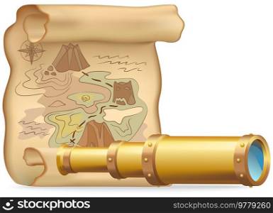 Telescope and treasure map. Pirate hidden treasure. Search adventure and travel. Basic gadgets for thirst for adventure hunting on uninhabited island. Technologies for navigation in unknown territory. Telescope and treasure map. Pirate hidden treasure. Search adventure and travel. Navigation