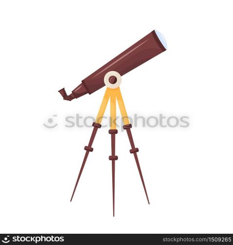 Telescope cartoon vector illustration. Planetarium tool to search for constellation.Spying glass on tripod flat color object. Night sky observation instrument isolated on white background