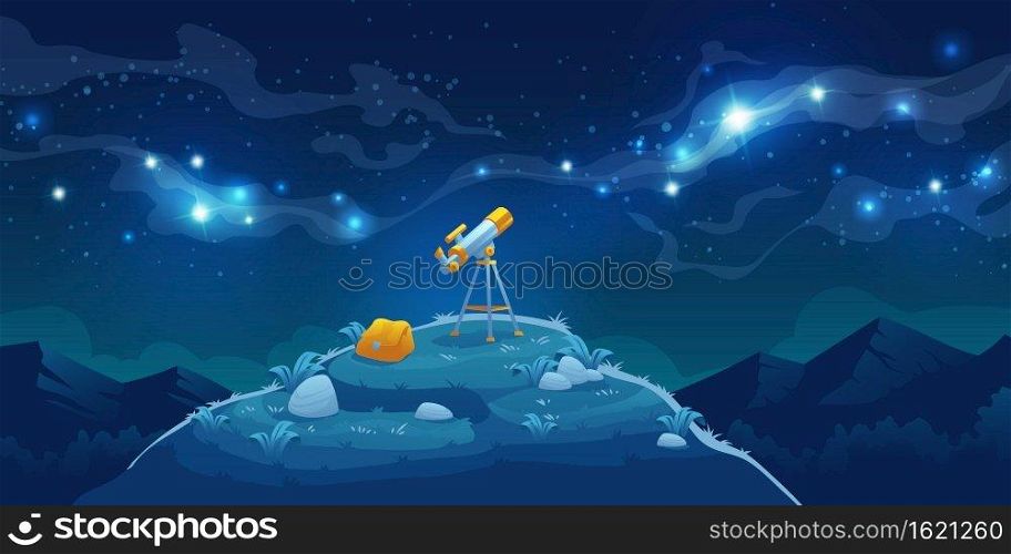 Telescope for science discovery, study astronomy, watching stars and planets in outer space. Vector cartoon landscape with telescope with tripod and backpack on hill, mountains and night starry sky. Telescope for astronomy and watching stars