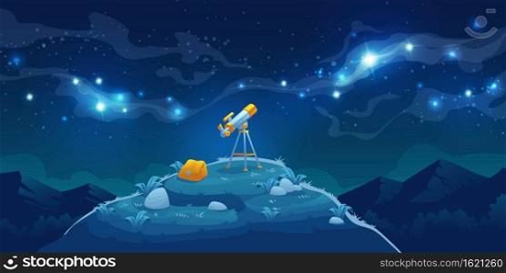 Telescope for science discovery, study astronomy, watching stars and planets in outer space. Vector cartoon landscape with telescope with tripod and backpack on hill, mountains and night starry sky. Telescope for astronomy and watching stars
