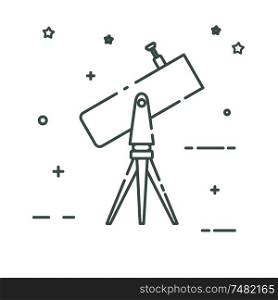 Telescope on the tripod looks to the sky. Linear color icon. Isolated on white background. Vector illustration.