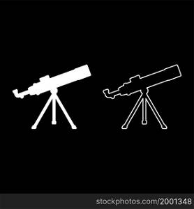 Telescope Science tool Education astronomy equipment icon white color vector illustration flat style simple image set. Telescope Science tool Education astronomy equipment icon white color vector illustration flat style image set
