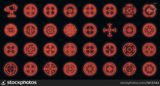 Telescopic sight icons set. Outline set of telescopic sight vector icons neon color on black. Telescopic sight icons set vector neon