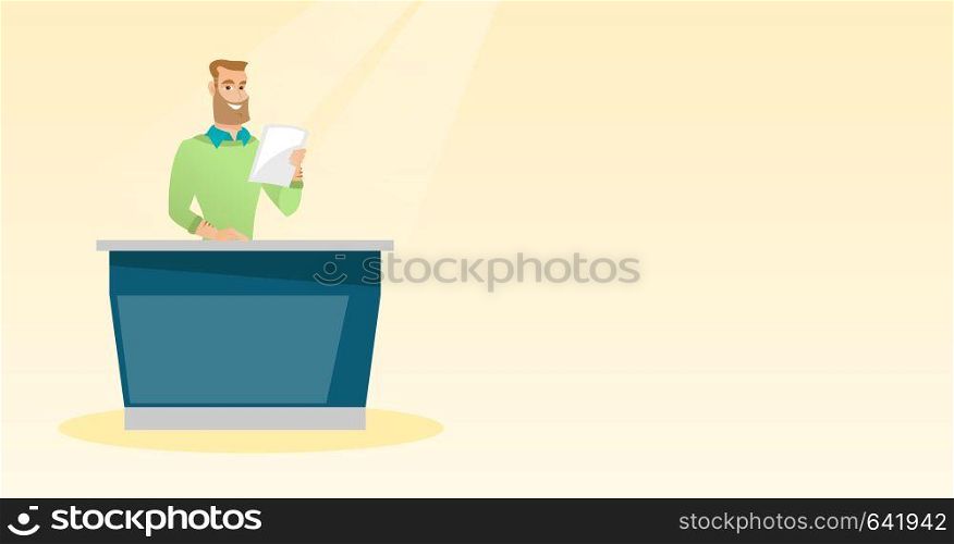 Television anchorman working in the studio. Young caucasian television anchorman standing at the table in the studio during live broadcasting. Vector flat design illustration. Horizontal layout.. Television anchorman in the studio.