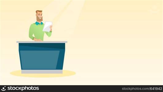 Television anchorman working in the studio. Young caucasian television anchorman standing at the table in the studio during live broadcasting. Vector flat design illustration. Horizontal layout.. Television anchorman in the studio.