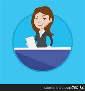 Television anchorwoman working at studio. Caucasian anchorwoman at studio during live broadcasting. Anchorwoman reporting tv news. Vector flat design illustration in the circle isolated on background.. Television anchorwoman at studio.