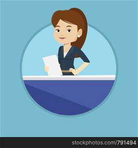 Television anchorwoman working at studio. Television anchorwoman at studio during broadcasting. Tv anchorwoman reporting the news. Vector flat design illustration in the circle isolated on background.. Television anchorwoman at studio.