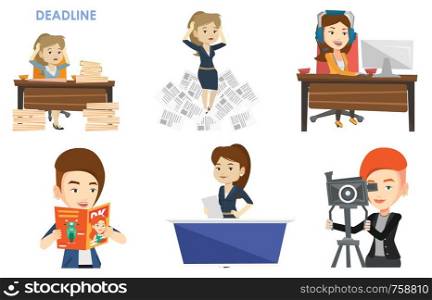 Television anchorwoman working at studio. TV anchorwoman at studio during live broadcasting. TV anchorwoman reporting the news. Set of vector flat design illustrations isolated on white background.. Vector set of media people characters.