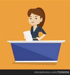 Television anchorwoman working at studio. Young caucasian television anchorwoman at studio during live broadcasting. Tv anchorwoman reporting the news. Vector flat design illustration. Square layout.. Television anchorwoman at studio.