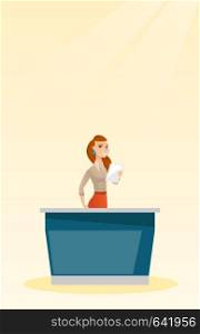 Television anchorwoman working in the studio. Young caucasian television anchorwoman standing at the table in the studio during live broadcasting. Vector flat design illustration. Vertical layout.. Television anchorwoman in the studio.