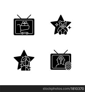 Television black glyph icons set on white space. Shopping show. Children animation, kids cartoon. Beauty transformation. Crime investigation. Silhouette symbols. Vector isolated illustration. Television black glyph icons set on white space