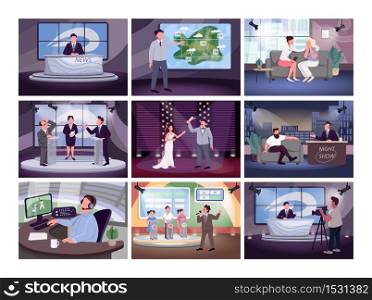 Television broadcasting flat color vector illustrations set. Show hosts and newscasters 2D cartoon characters. Media industry, different programs. TV presenter profession, show host occupation. Television programming flat color vector illustrations set
