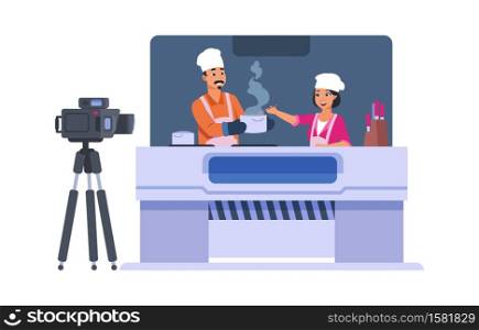 Television cooking show. Cartoon entertainment TV concept. Cute man and woman shoot at camera how to cook. Food vlog channel. Chef master class video. Vector isolated cooker blog illustration. Television cooking show. Cartoon entertainment TV concept. Cute people shoot at camera how to cook. Food vlog channel. Chef master class video. Vector isolated cooker blog illustration