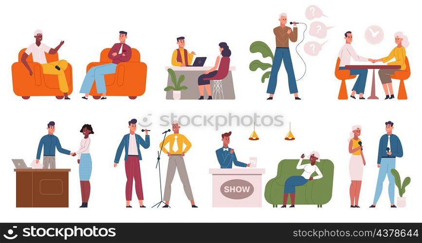 Television famous person interview, tv host talk to celebrities. Internet or tv broadcast show celebrity interview vector illustration set. Famous persons giving Interview. Characters sit in studio. Television famous person interview, tv host talk to celebrities. Internet or tv broadcast show celebrity interview vector illustration set. Famous persons giving Interview