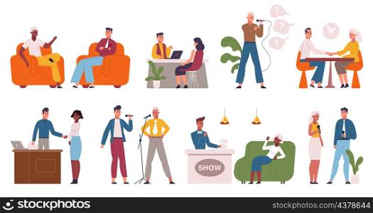 Television famous person interview, tv host talk to celebrities. Internet or tv broadcast show celebrity interview vector illustration set. Famous persons giving Interview. Characters sit in studio. Television famous person interview, tv host talk to celebrities. Internet or tv broadcast show celebrity interview vector illustration set. Famous persons giving Interview