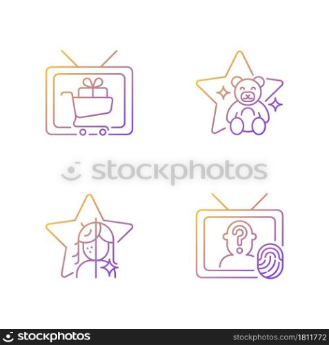 Television gradient linear vector icons set. Shopping show. Children animation, kids cartoon. Crime investigation. Thin line contour symbols bundle. Isolated outline illustrations collection. Television gradient linear vector icons set