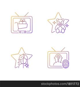 Television gradient linear vector icons set. Shopping show. Children animation, kids cartoon. Crime investigation. Thin line contour symbols bundle. Isolated outline illustrations collection. Television gradient linear vector icons set