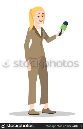 Television journalist semi flat RGB color vector illustration. Mass media occupation. Woman in formal suit with microphone isolated cartoon character on white background. Television journalist semi flat RGB color vector illustration