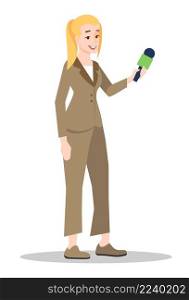Television journalist semi flat RGB color vector illustration. Mass media occupation. Woman in formal suit with microphone isolated cartoon character on white background. Television journalist semi flat RGB color vector illustration