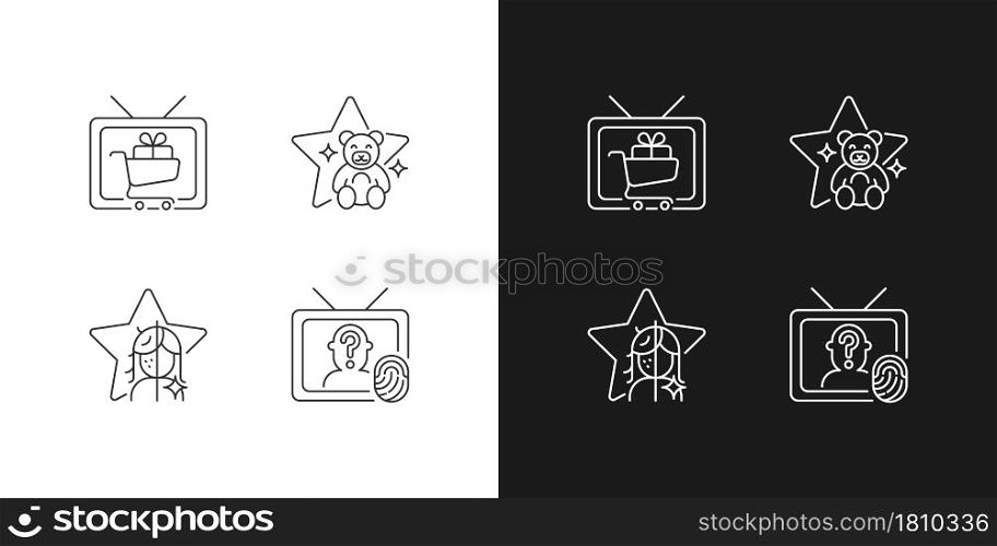 Television linear icons set for dark and light mode. Shopping show. Children animation, kids cartoon. Customizable thin line symbols. Isolated vector outline illustrations. Editable stroke. Television linear icons set for dark and light mode