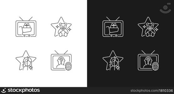 Television linear icons set for dark and light mode. Shopping show. Children animation, kids cartoon. Customizable thin line symbols. Isolated vector outline illustrations. Editable stroke. Television linear icons set for dark and light mode