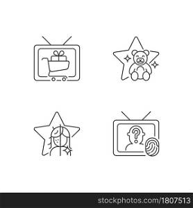 Television linear icons set. Shopping show. Children animation, kids cartoon. Crime investigation. Customizable thin line symbols. Isolated vector outline illustrations. Editable stroke. Television linear icons set
