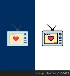 Television, Love, Valentine, Movie Icons. Flat and Line Filled Icon Set Vector Blue Background